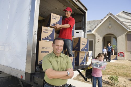Packed office furniture and equipment ready for relocation