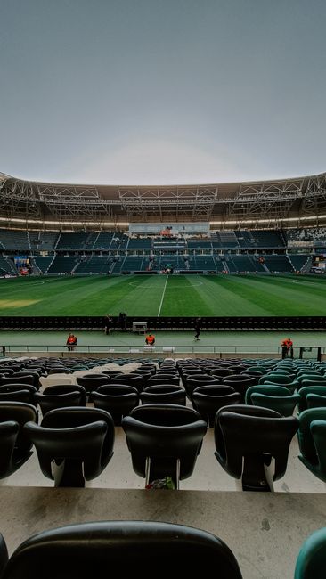 An empty view of Twickenham Stadium from the interior, showing the seating area filled with black and blue plastic chairs arranged in rows. Behind the seats, the well-maintained grass pitch with clear